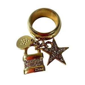 Chloe Paddington Gold Tone Padlock Star Charm Ring Rhinestone Size 6.5